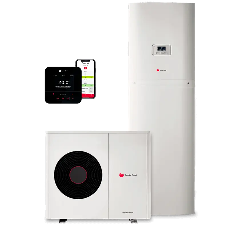 Saunier Duval Genia Air Max R290 + módulo hidráulico — Aerotermia compacta de alta temperatura con módulo hidráulico